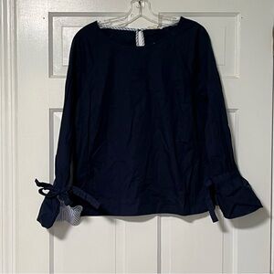Jane and Delancey Navy Blue Blouse with Tie Sleeves and striped lining